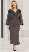 Front full view of charcoal grey sequin-embellished top and maxi skirt two-piece set