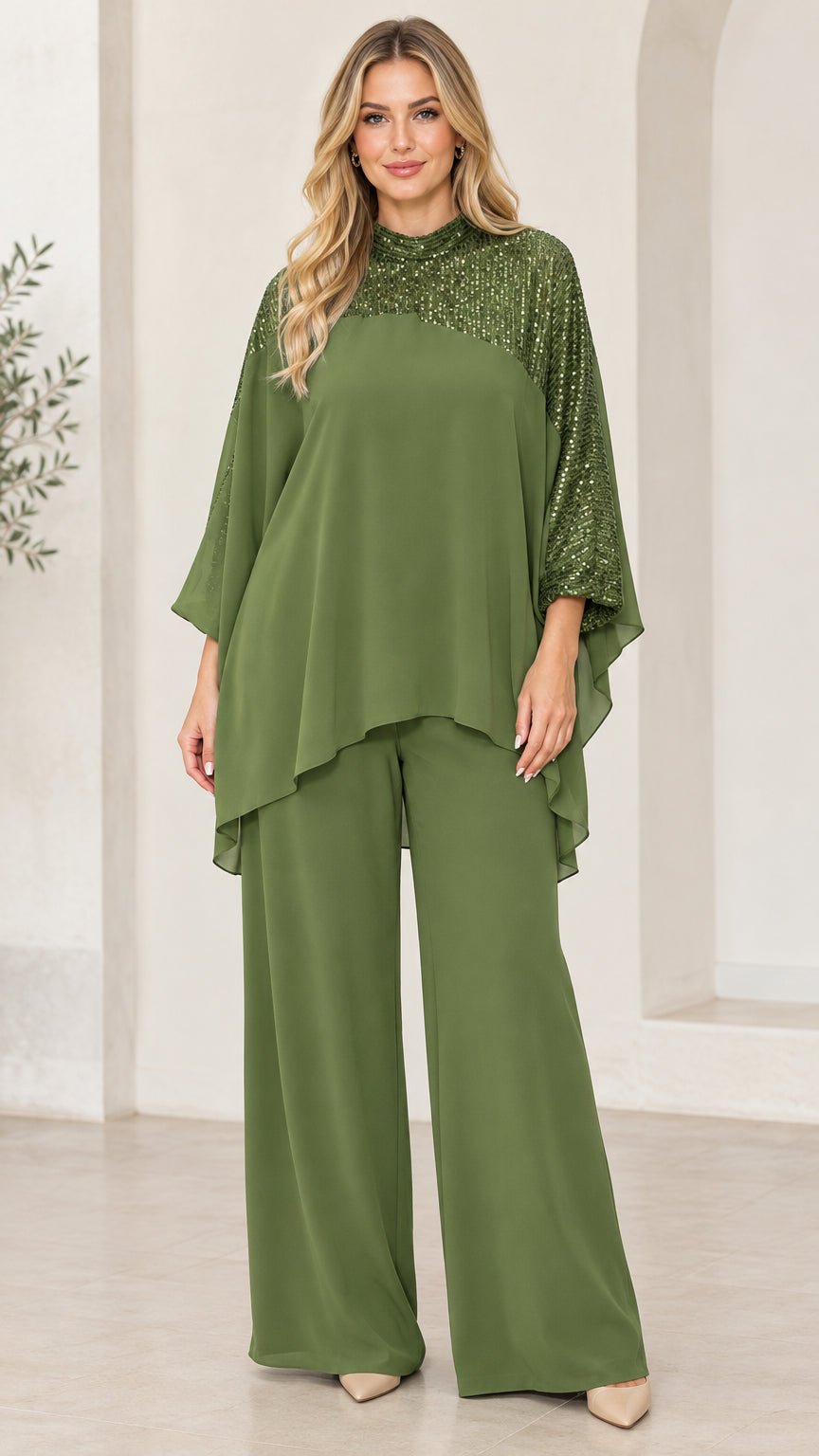 Front view of olive green sequin chiffon cape top and wide leg pants set