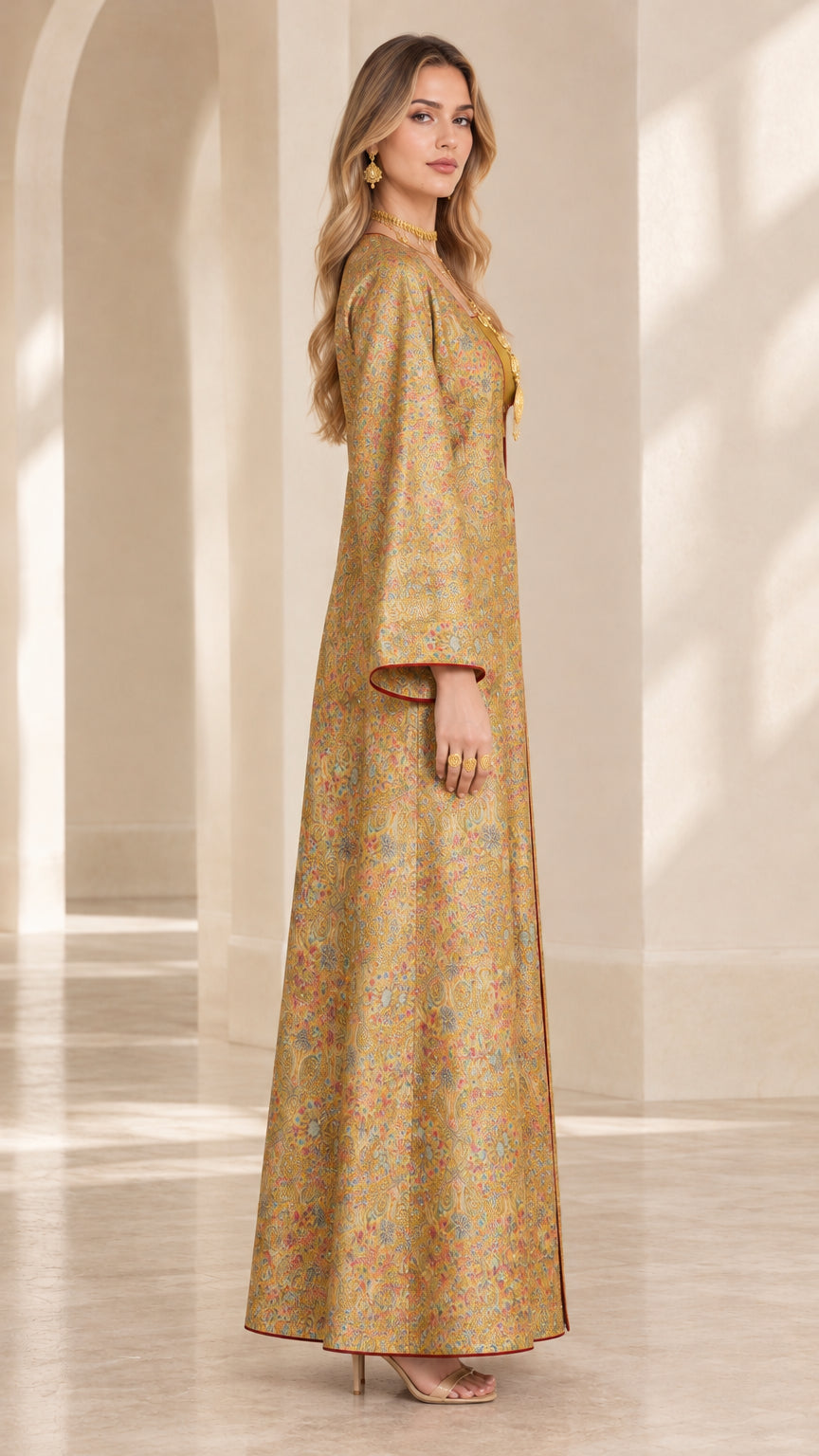Side profile view of gold floral jacquard floor-length modest abaya robe
