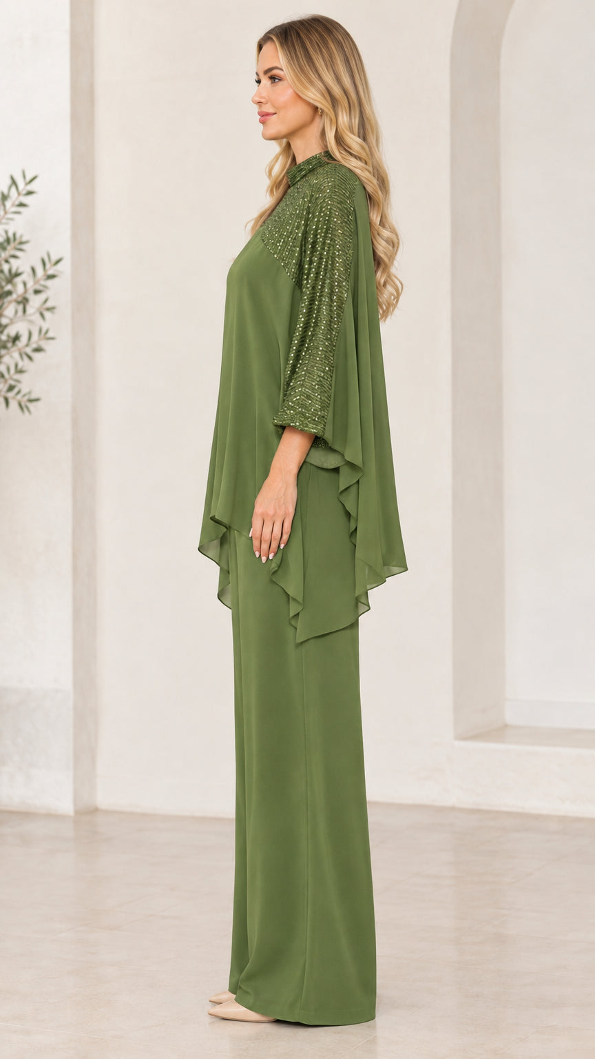 Side view of olive green sequin cape two piece pant suit