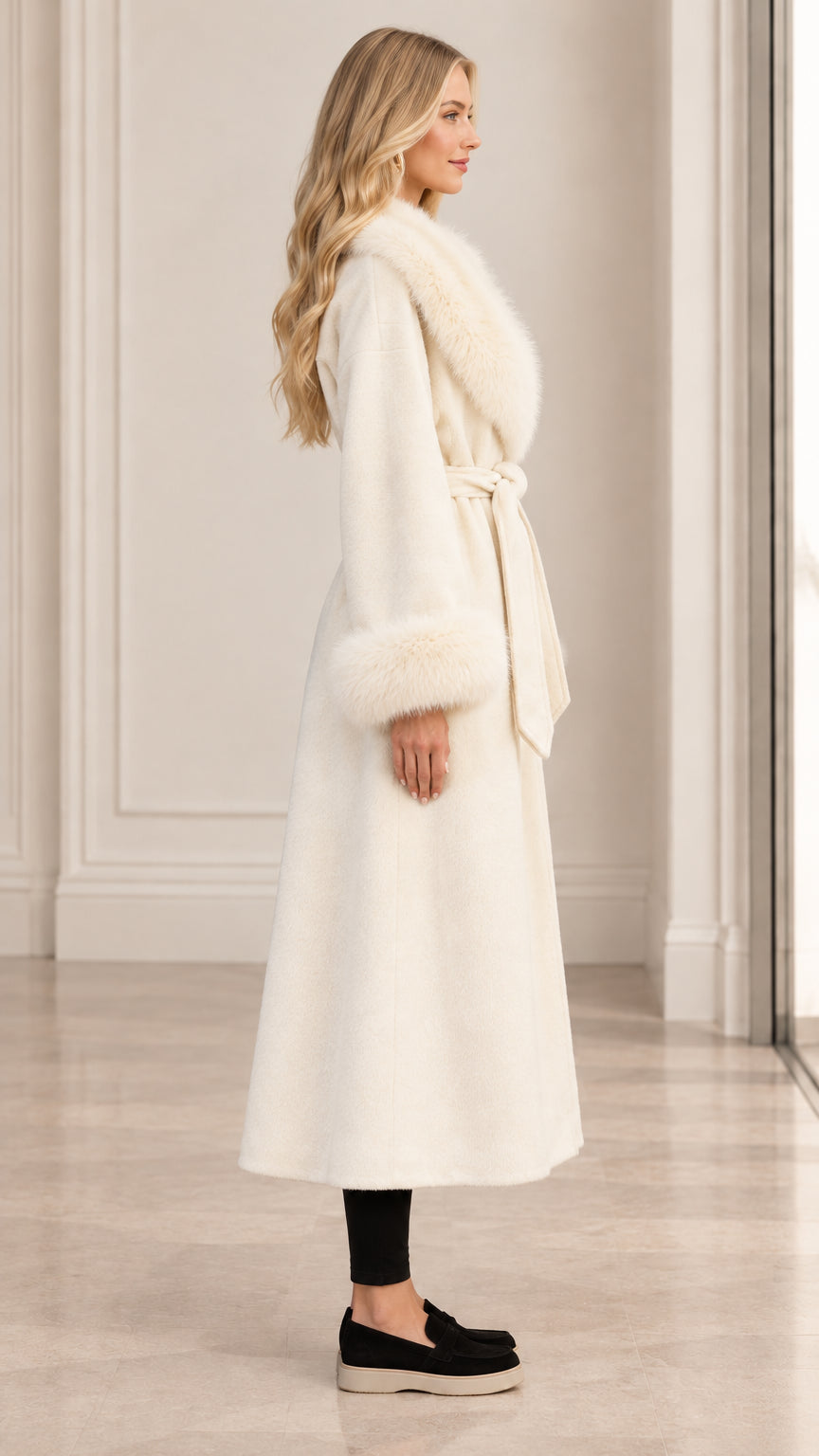 Side profile view of women's ivory long wrap coat with faux fur trim