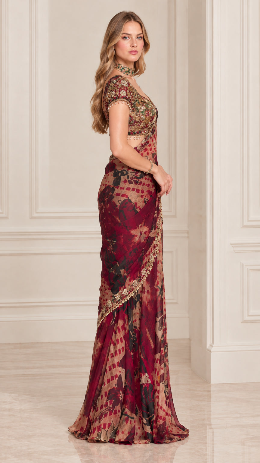 Side profile of woman in Wine Red floral draped saree