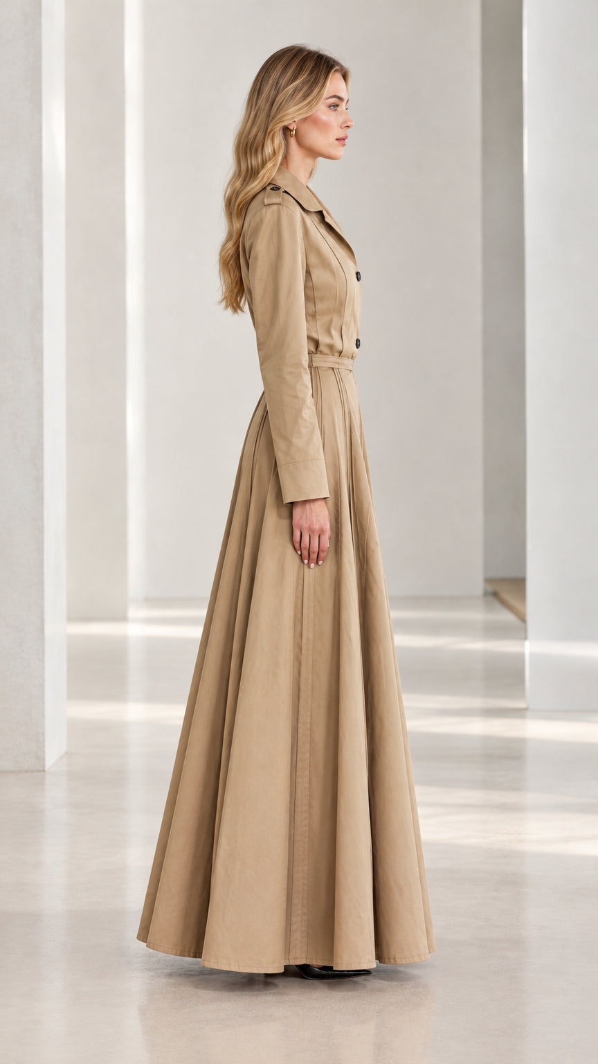 Side profile view of khaki pleated trench maxi dress