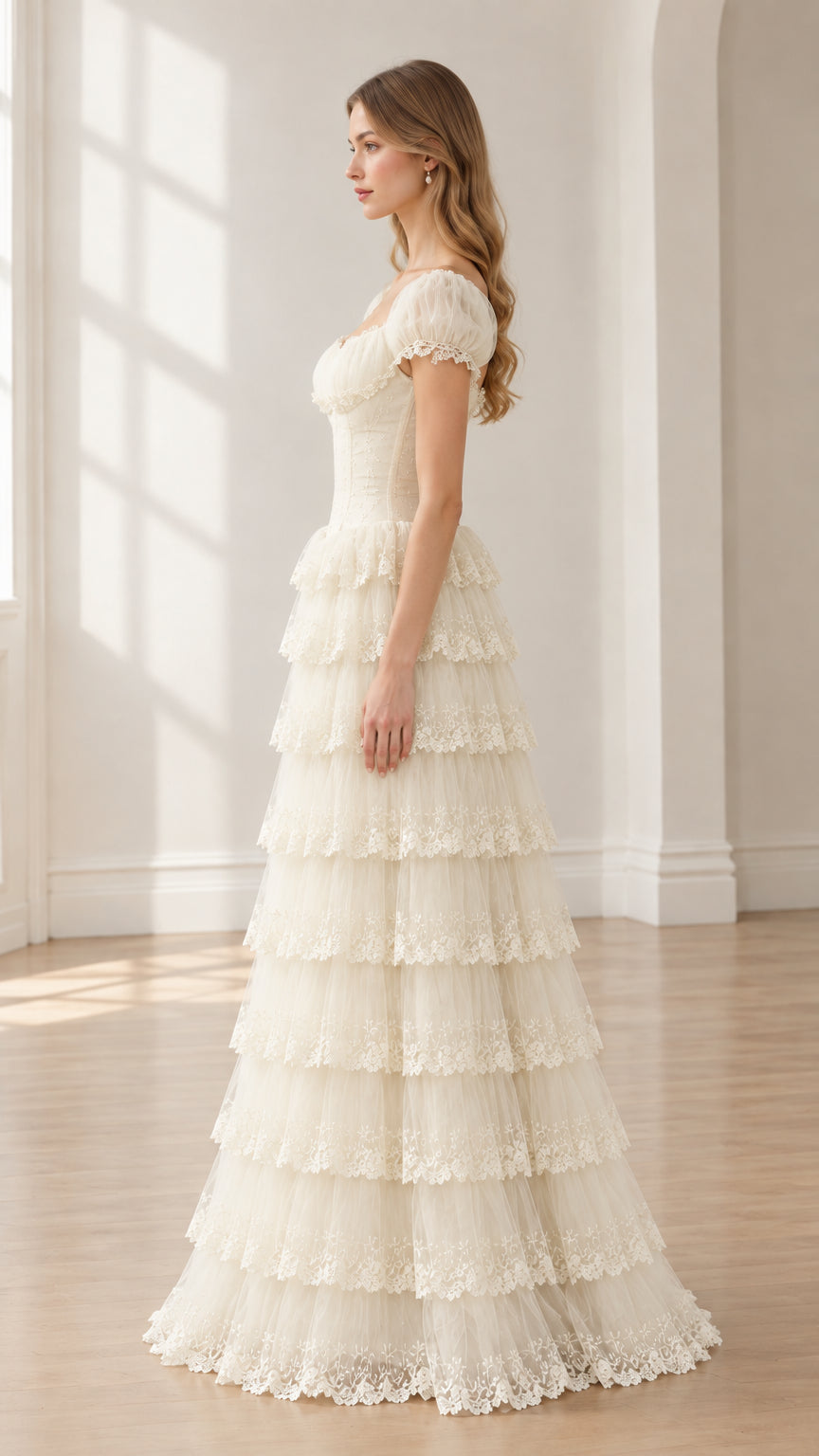 Side profile view of ivory tiered lace formal evening dress