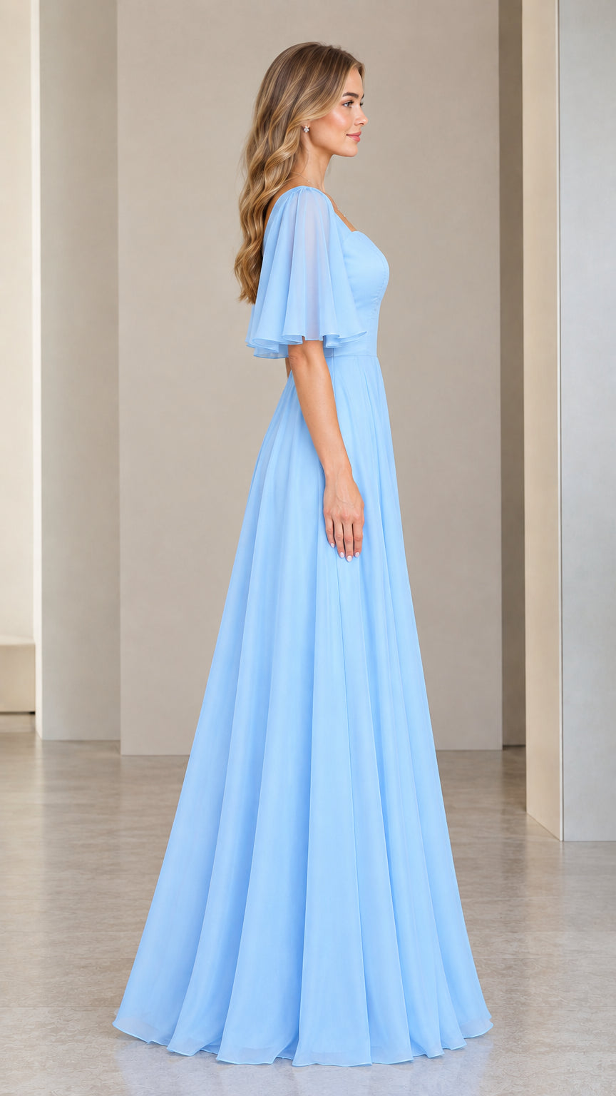 Sky Blue flutter sleeve A-line formal maxi dress side view
