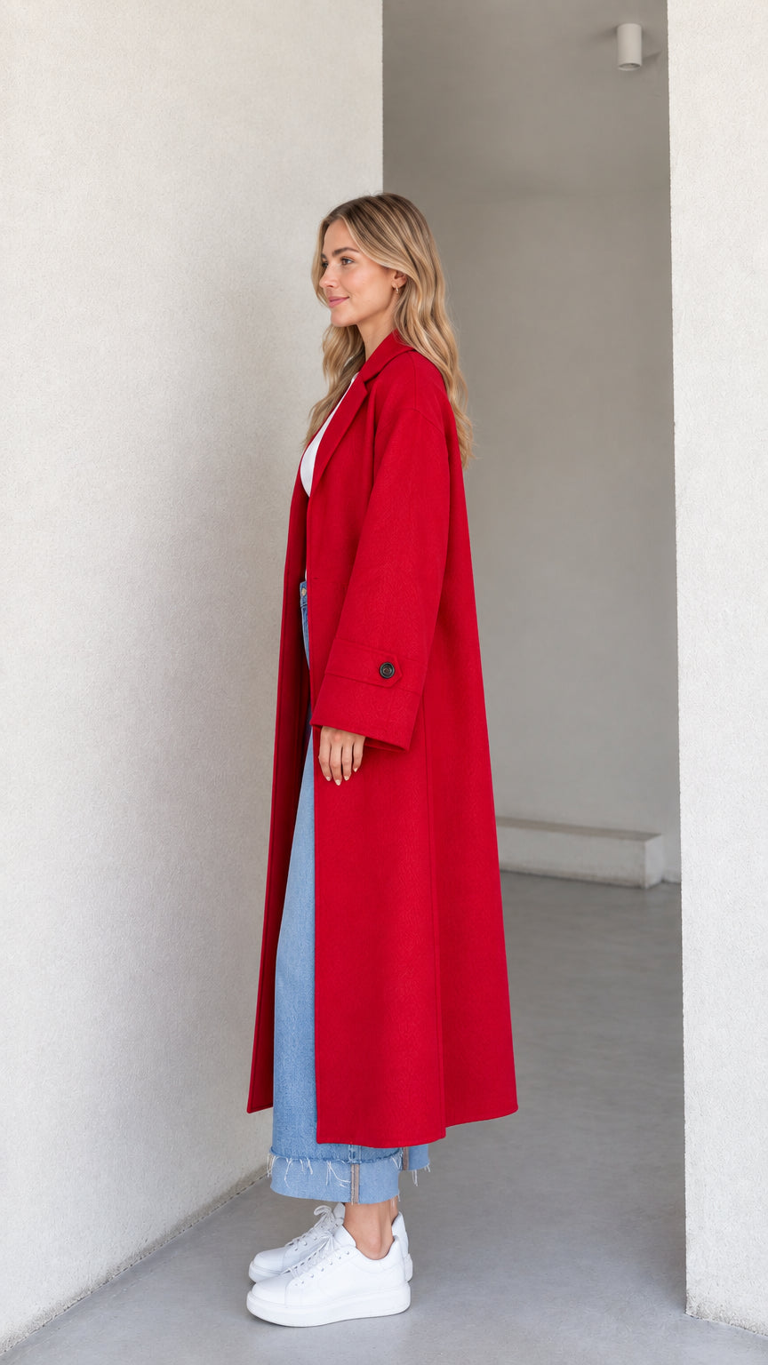 Side profile view of model wearing a red longline overcoat