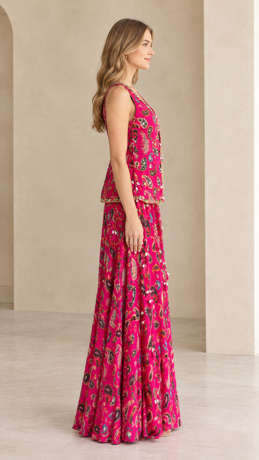 Side profile view of model wearing magenta paisley print 3-piece pant set