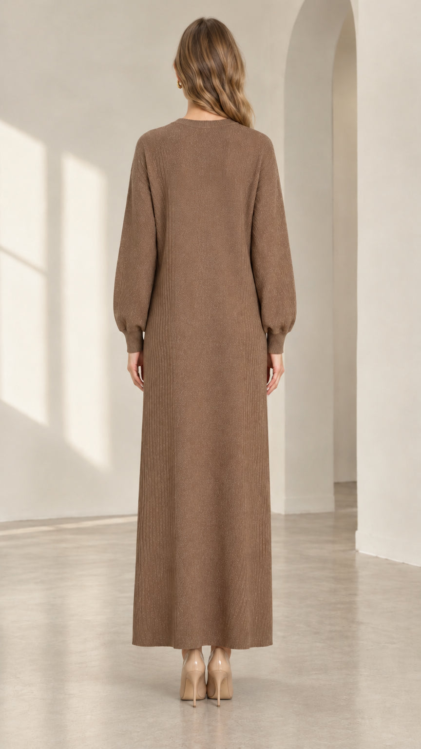 Back view of woman wearing mocha brown long sleeve textured maxi sweater dress