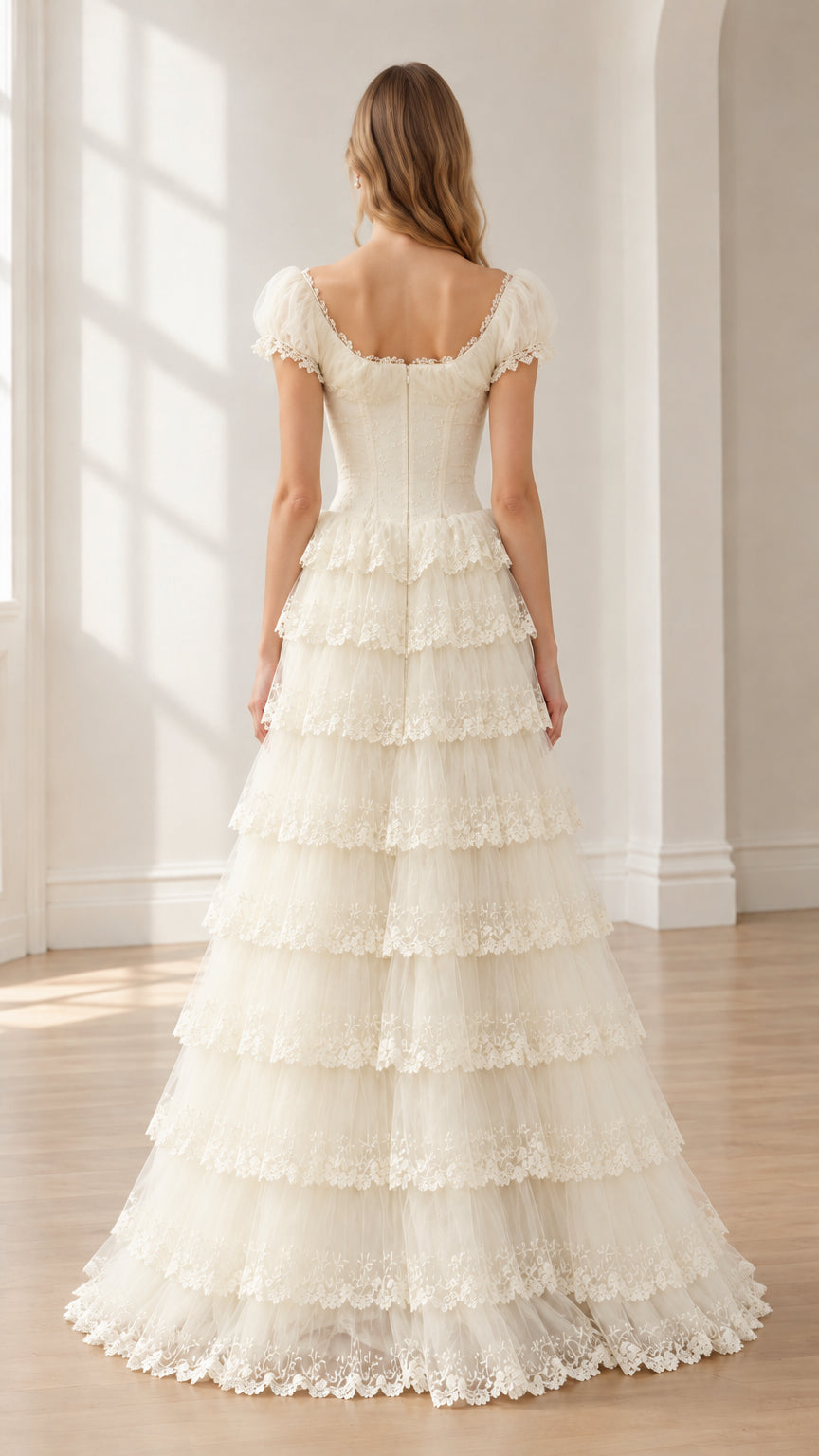 Back full-length view of ivory corset gown with tiered lace skirt