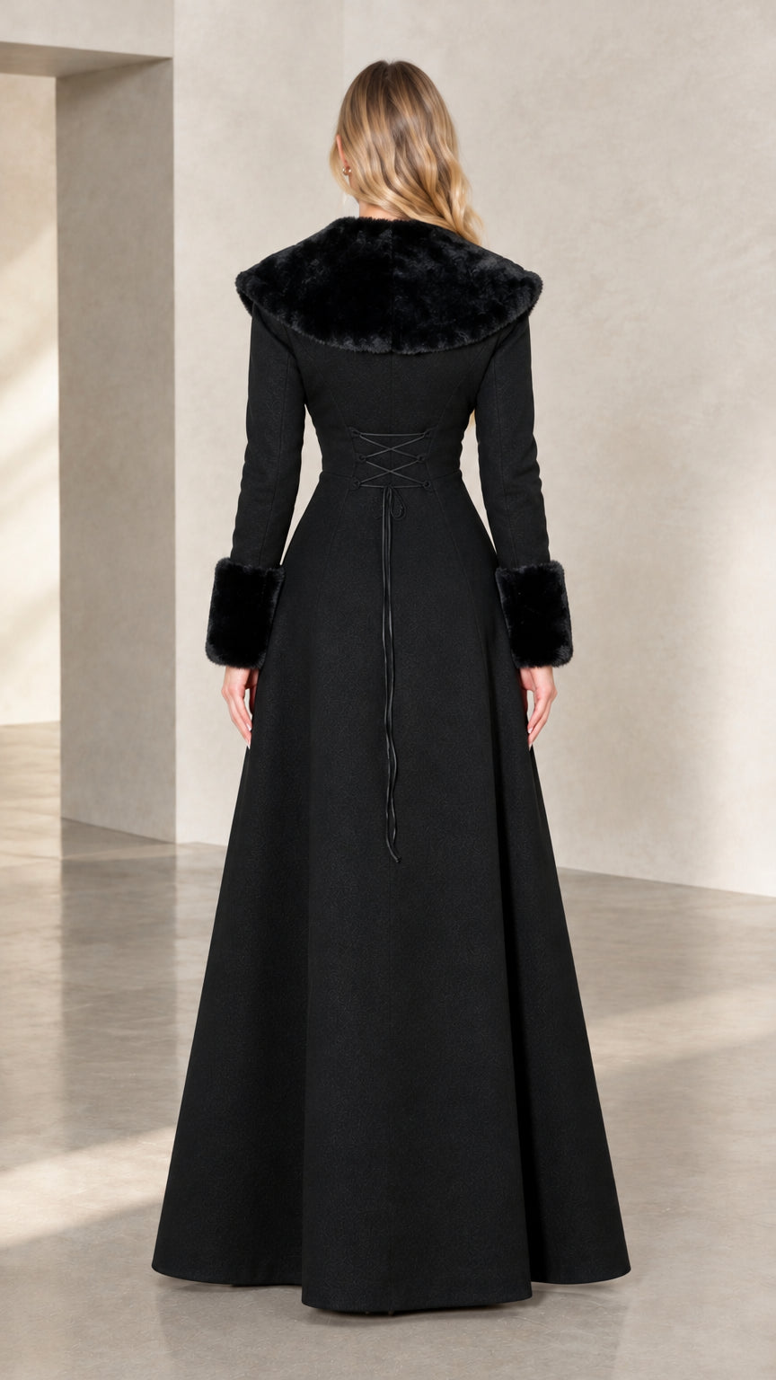 Rear view of black maxi coat showing lace-up corset back detail