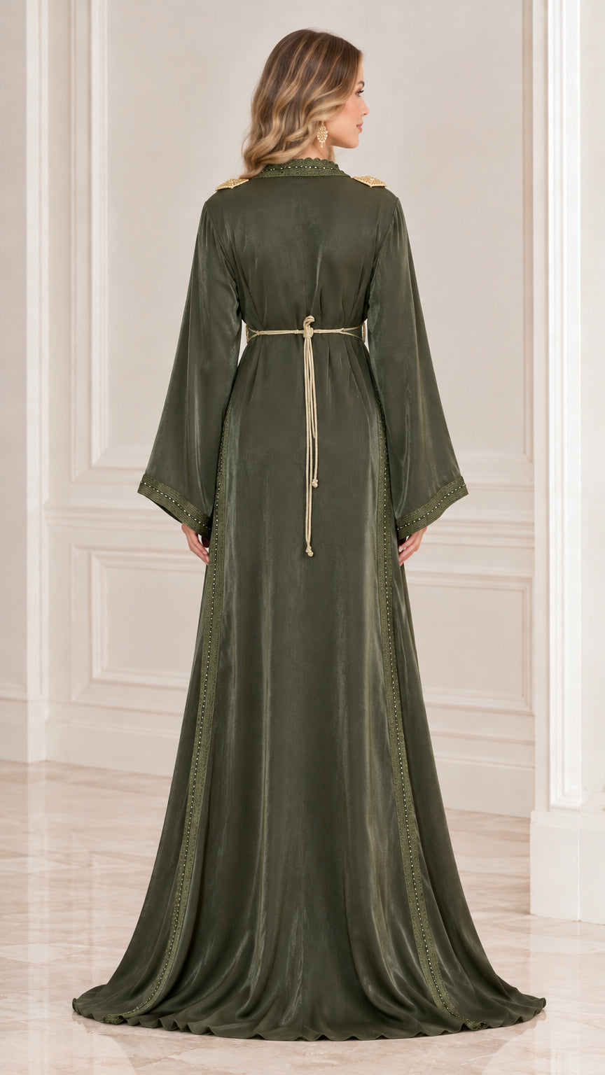 Back view of Olive Green floor-length kaftan dress highlighting waist tie detail