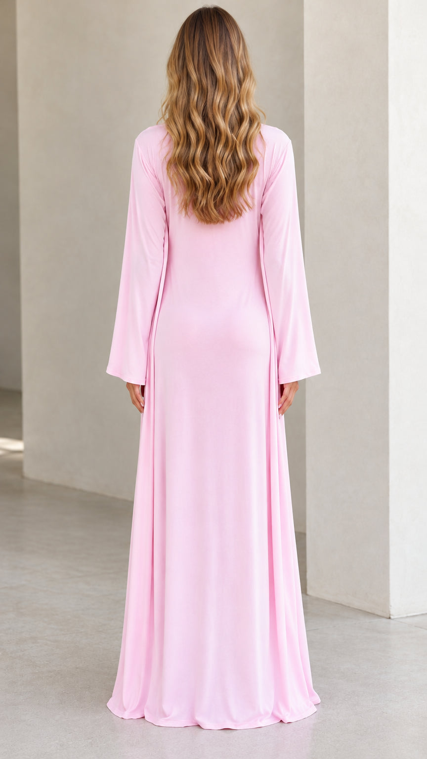 Back view of Light Pink long maternity cardigan and maxi dress set