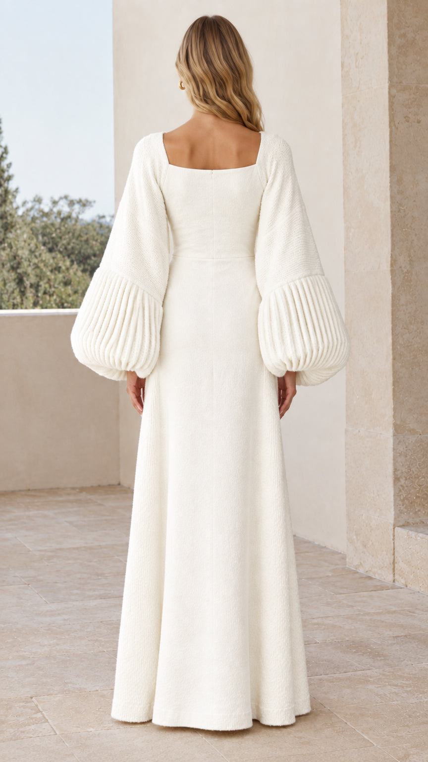 Ivory white formal knit two-piece dress set back view