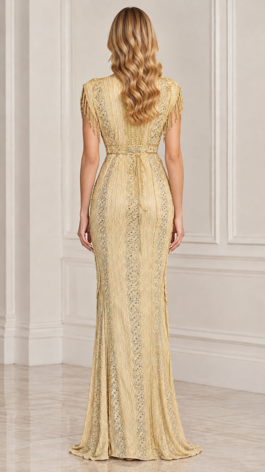 Back view of woman wearing gold beaded evening dress with cap sleeves