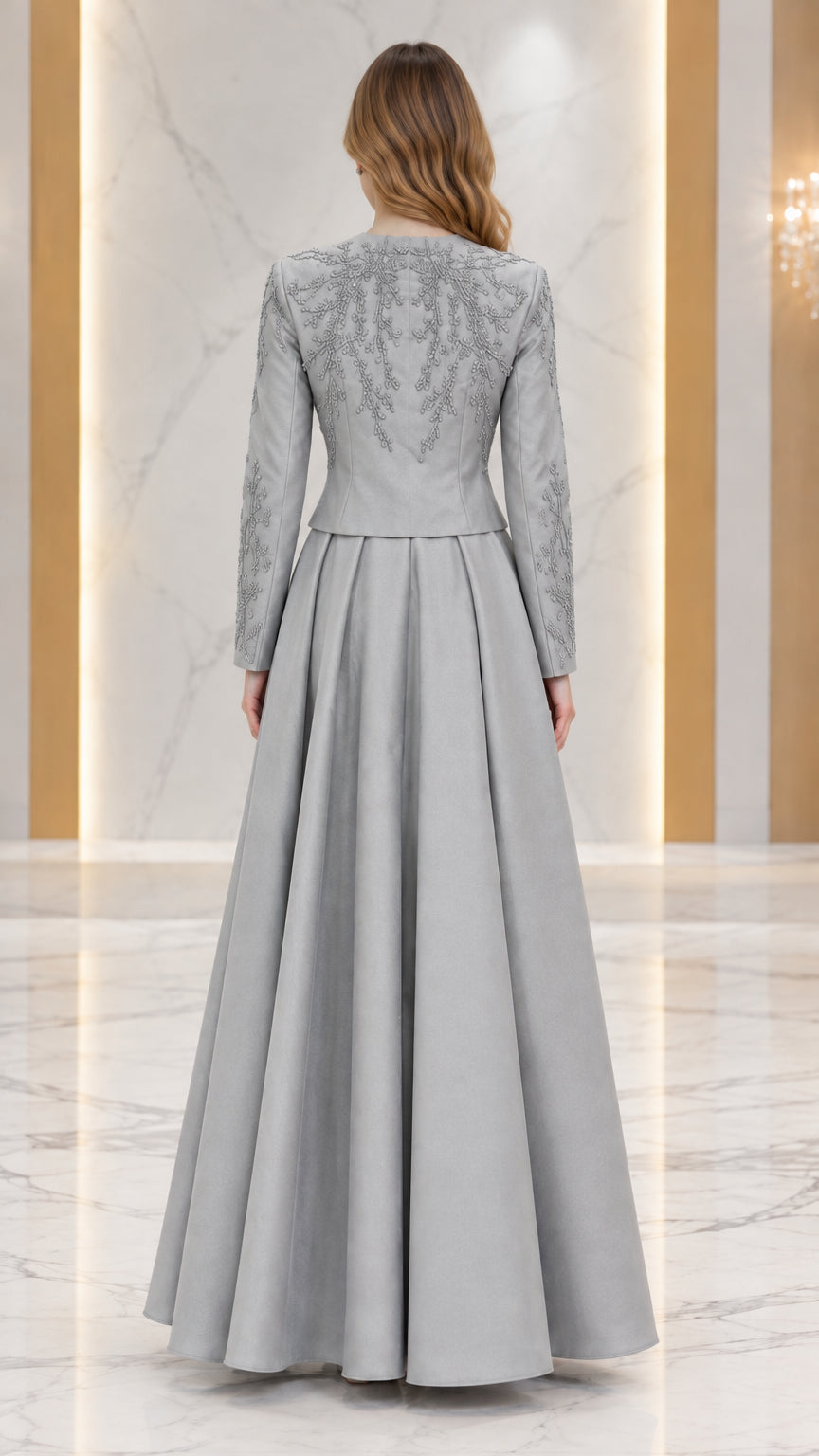 Back view of Silver Grey beaded formal jacket and full-length skirt
