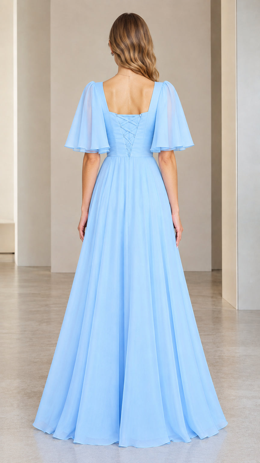 Sky Blue evening dress back view showing lace-up corset detail