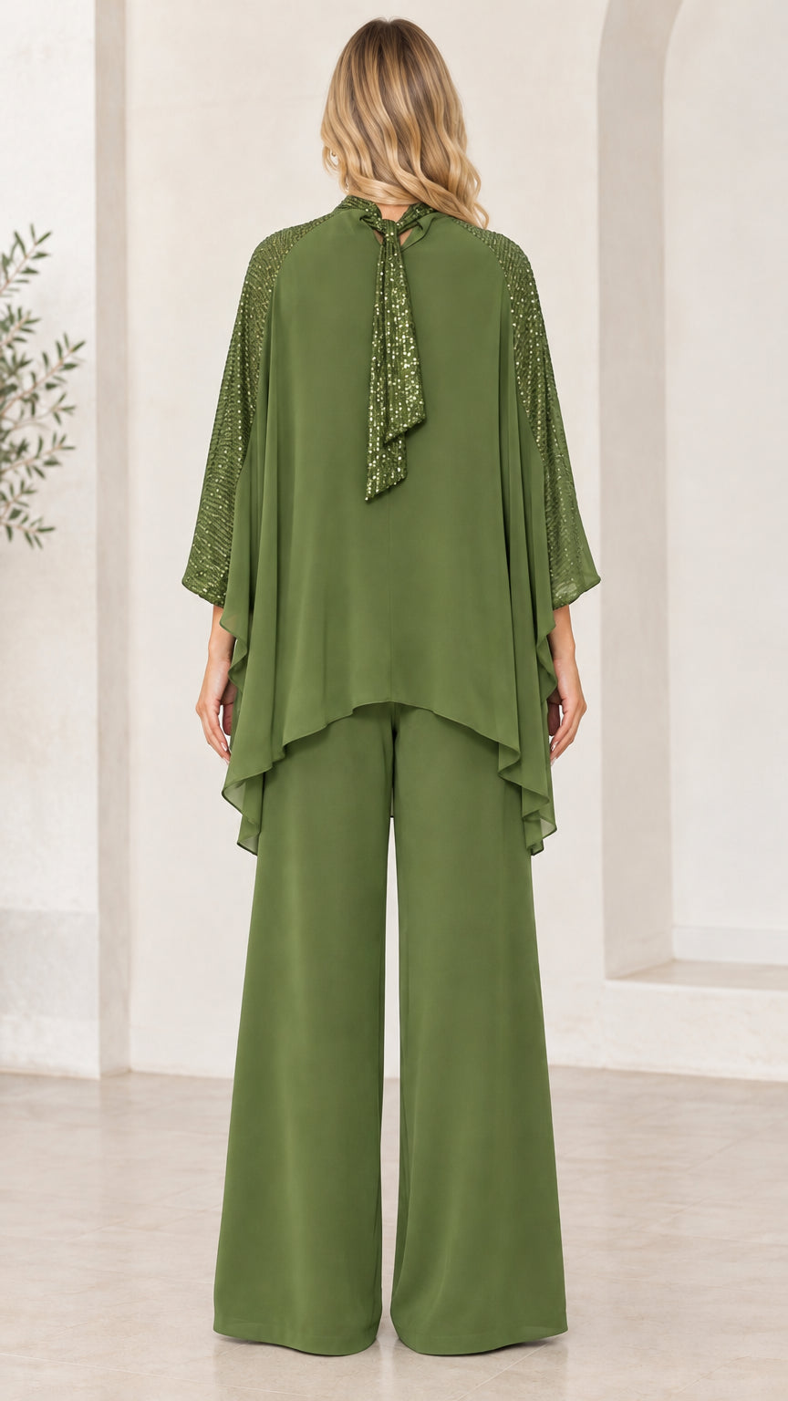 Back view of olive green chiffon formal set showing neck tie detail