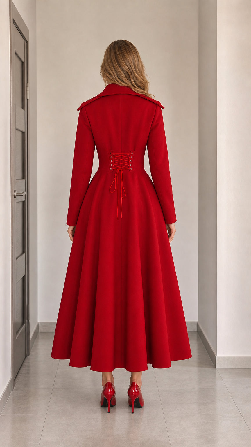 Back full-length view showing adjustable corset lace-up detailing on Red maxi coat