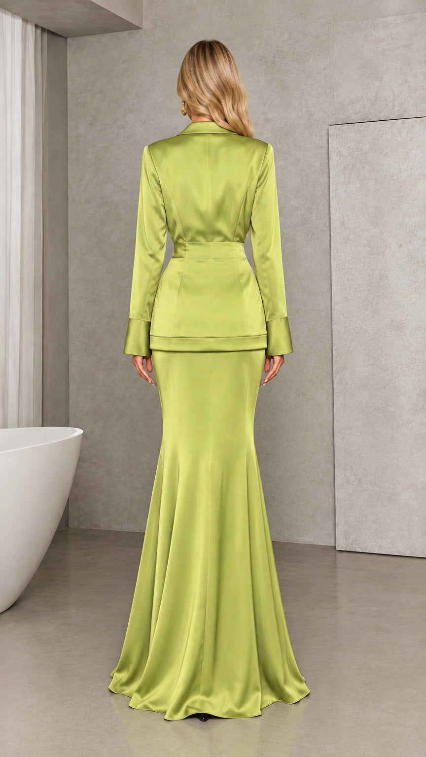 Back view of model wearing lime green tailored satin blazer and mermaid skirt set