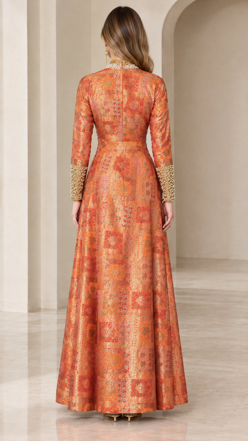 Back view of rust orange jacquard floor-length evening dress