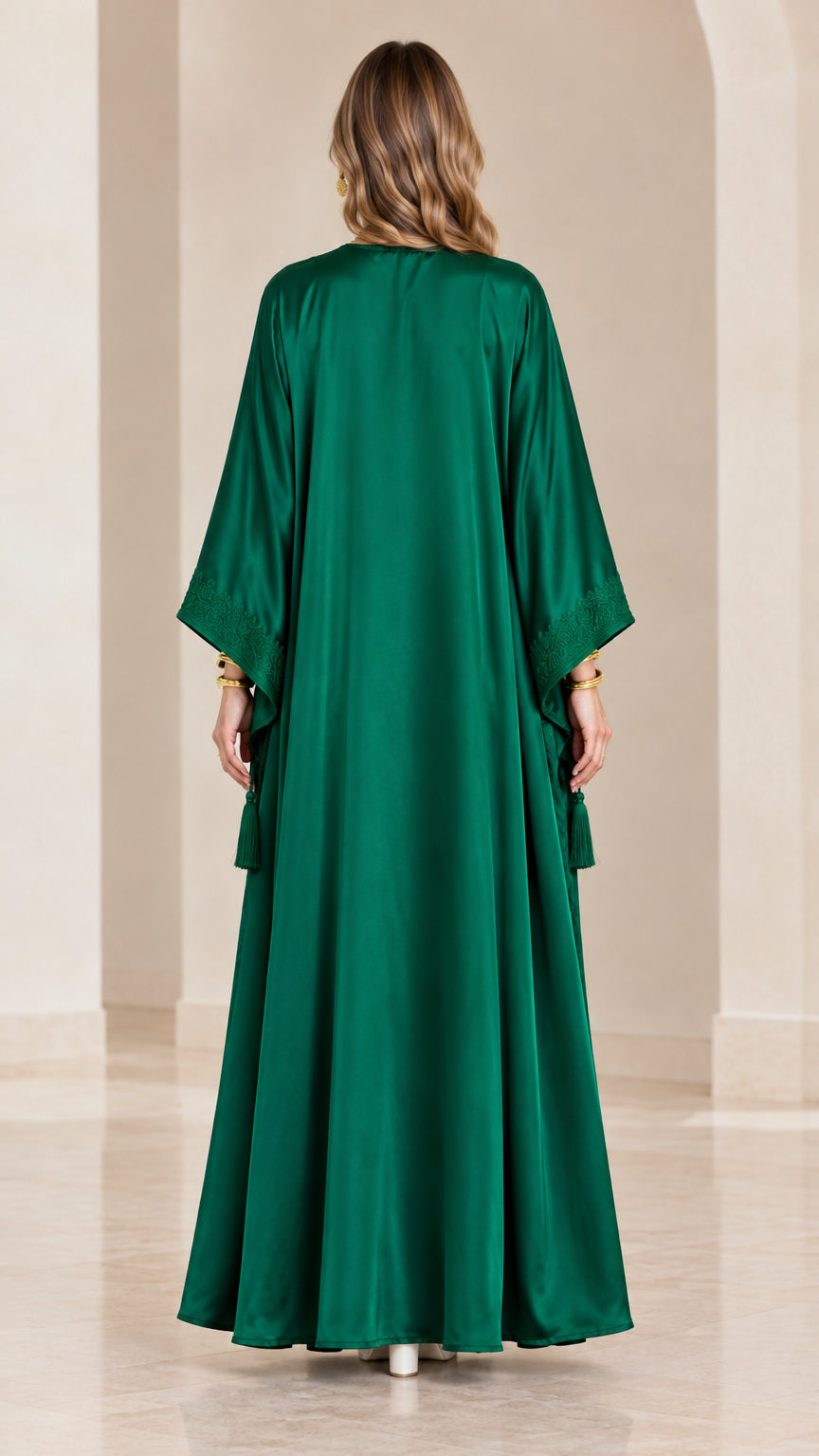 Back view of emerald green satin maxi dress with wide sleeves