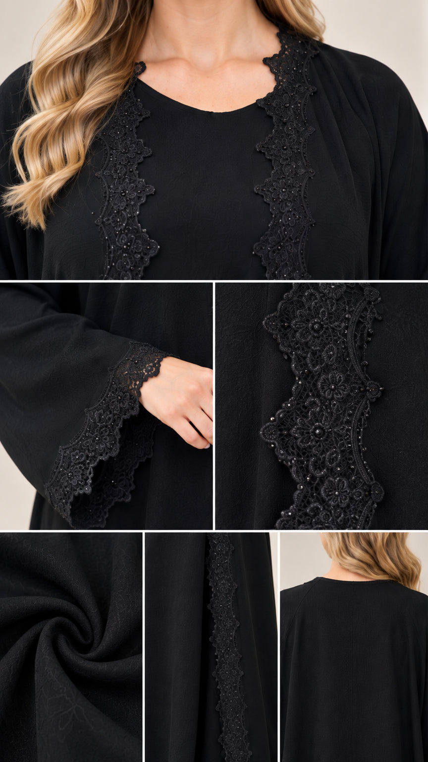 Detailed close-ups of delicate lace neckline, embroidered cuffs, and fabric texture