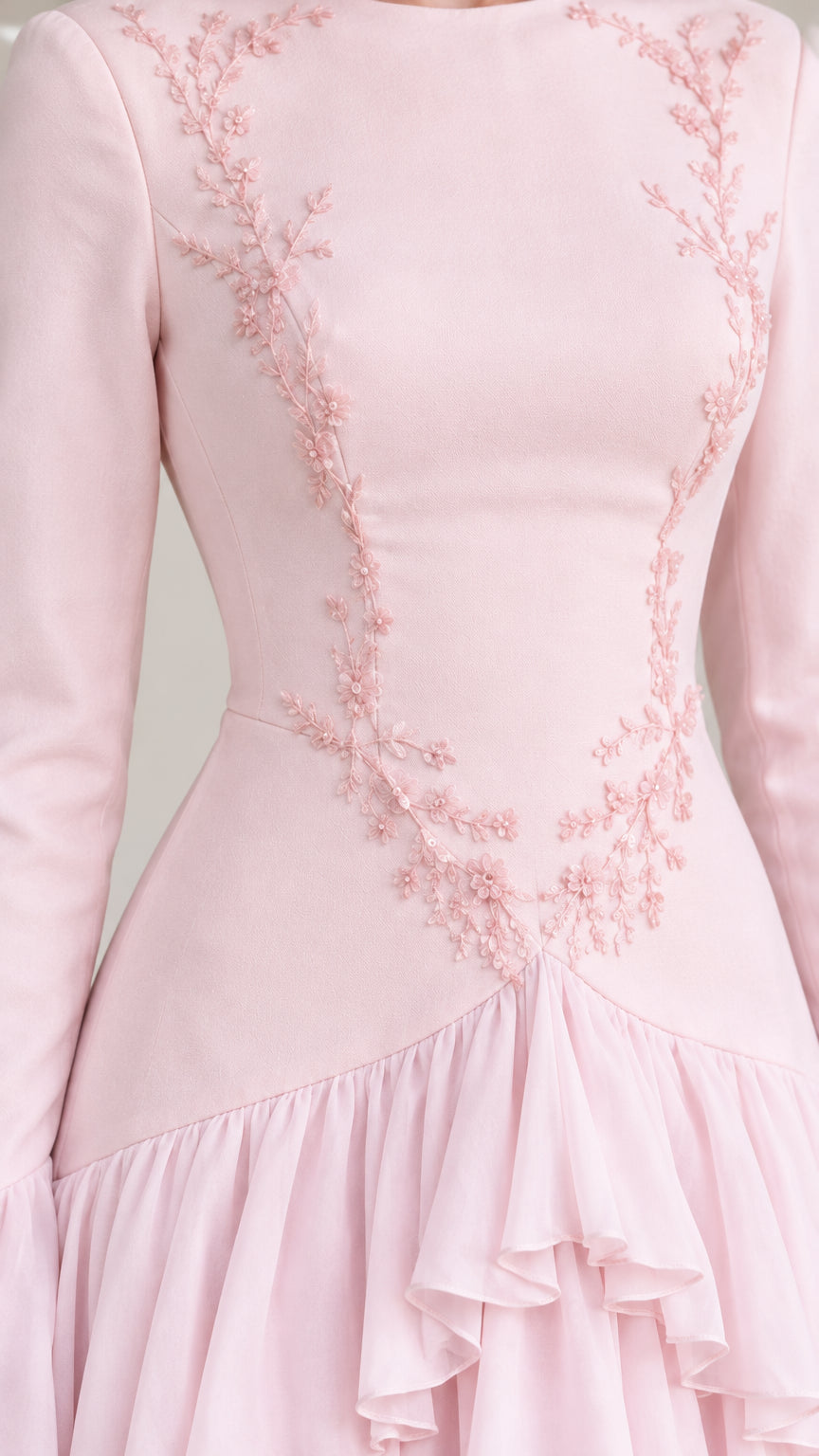 Close-up of blush pink bodice showing delicate floral embroidery and drop waist ruffle detail