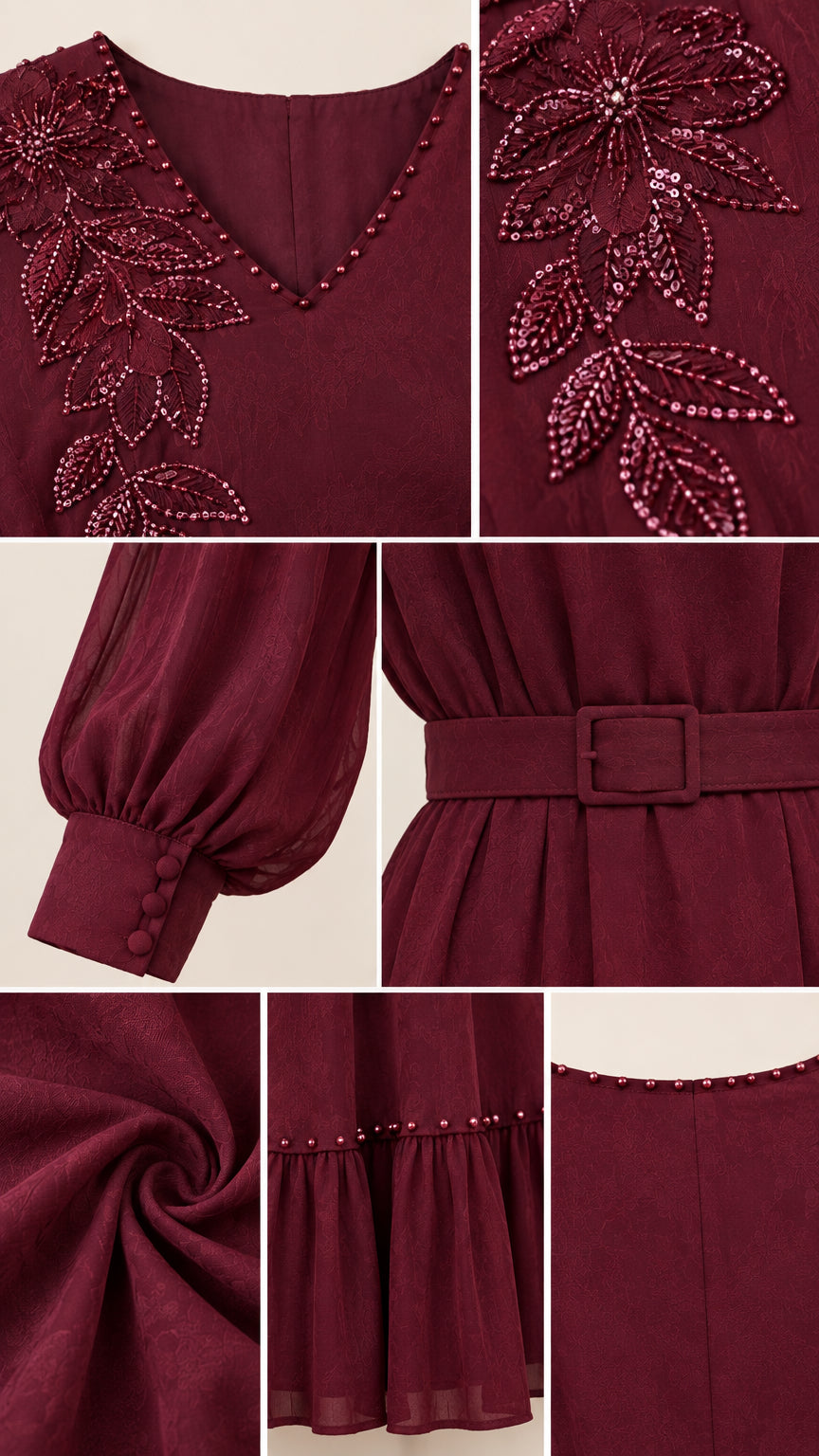 Close-up details of sequin floral embroidery, buttoned cuff, belt buckle, and tiered hem