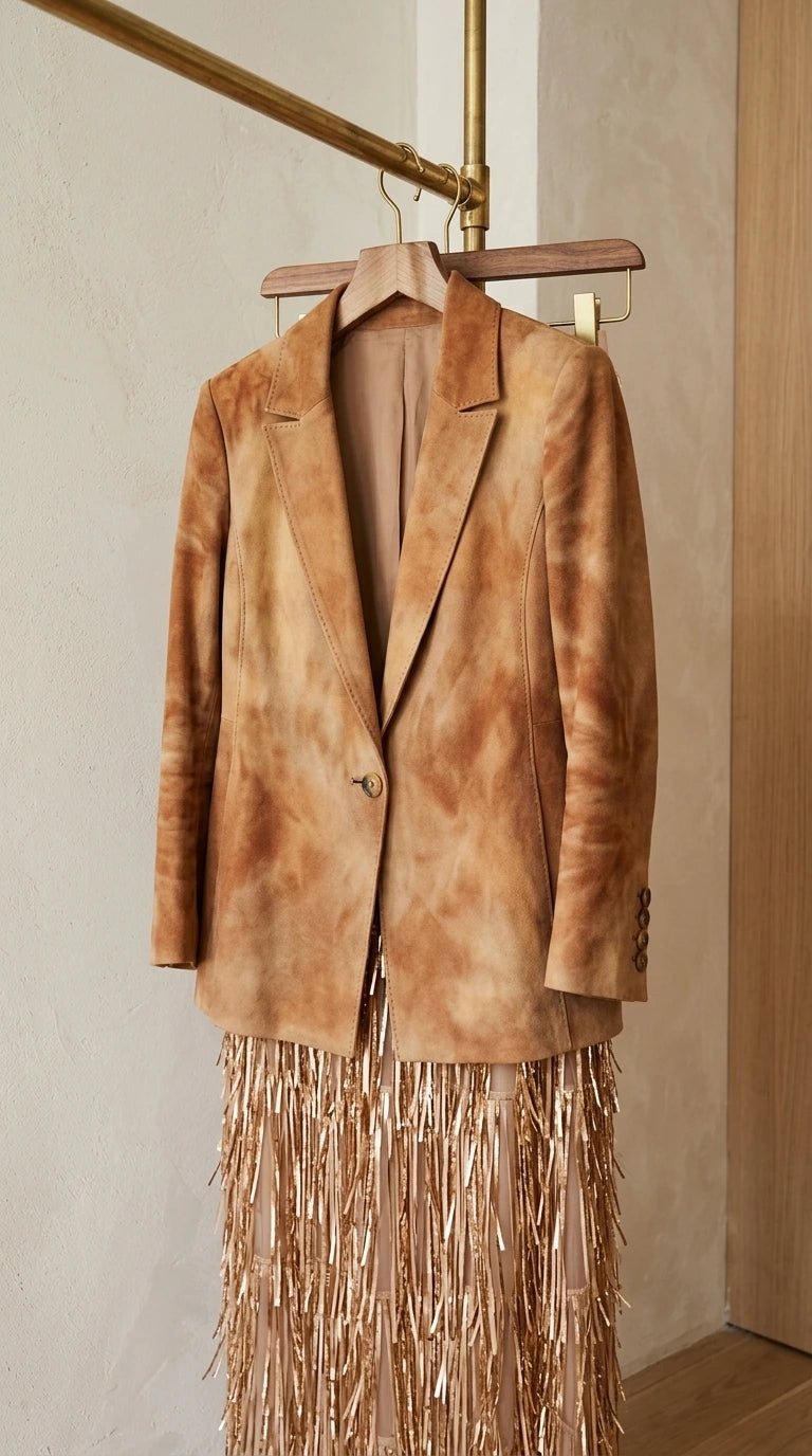 Close-up of tan tie-dye tailored blazer and fringe skirt hanging on gold rack