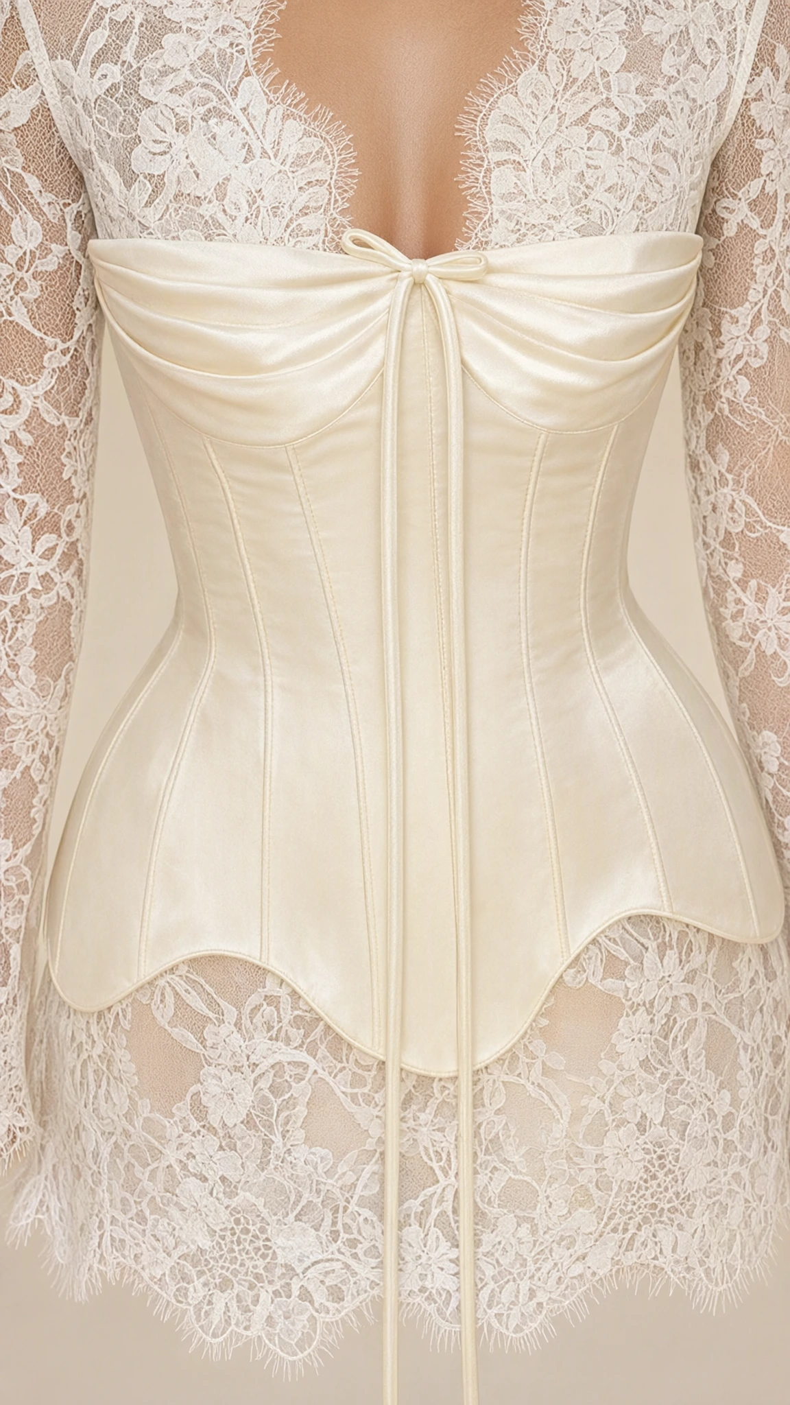 Close-up detail of ivory satin boned corset bodice with lace neckline and tie