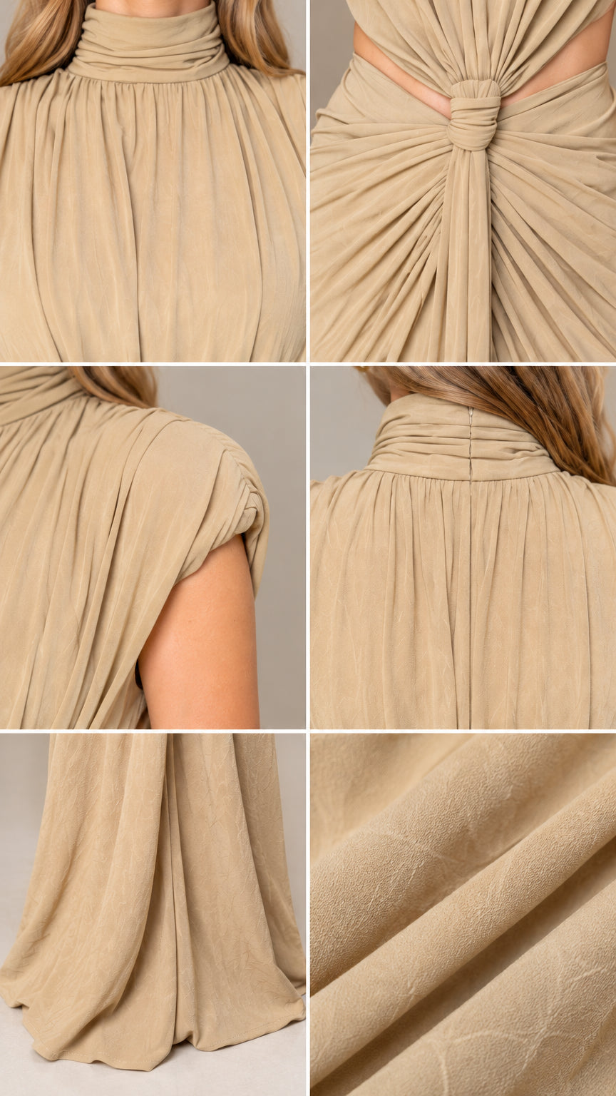 Close-up details of beige dress showing high neckline, pleated shoulder, twisted knot, and draped hem