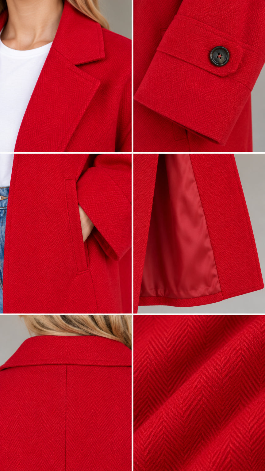 Detailed close-up shots of red coat showing lapel, button cuff tab, side pocket, lining, and textured weave