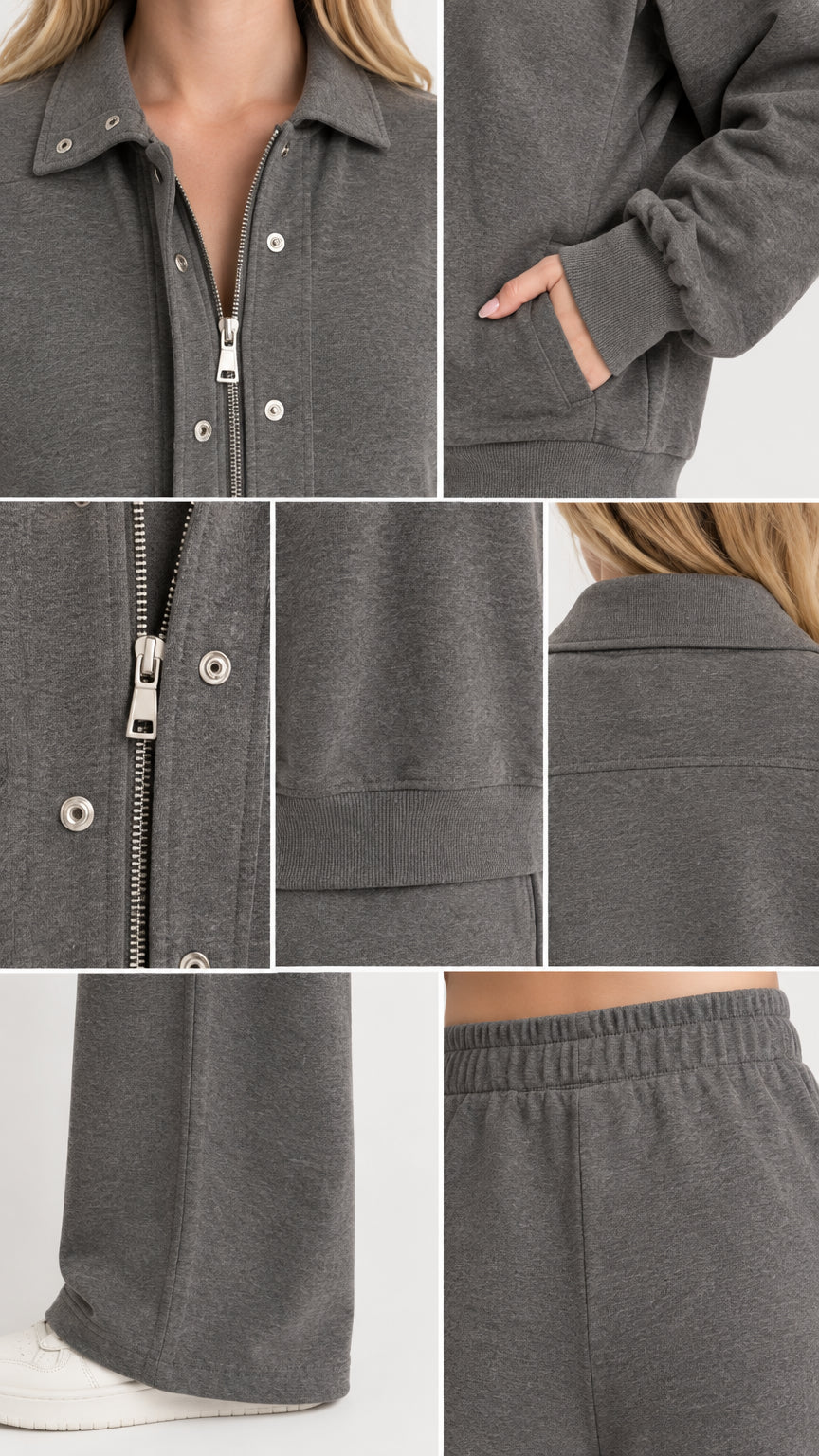 Close-up details of collar, metal zipper, snap buttons, side pocket, and elastic waist on charcoal set