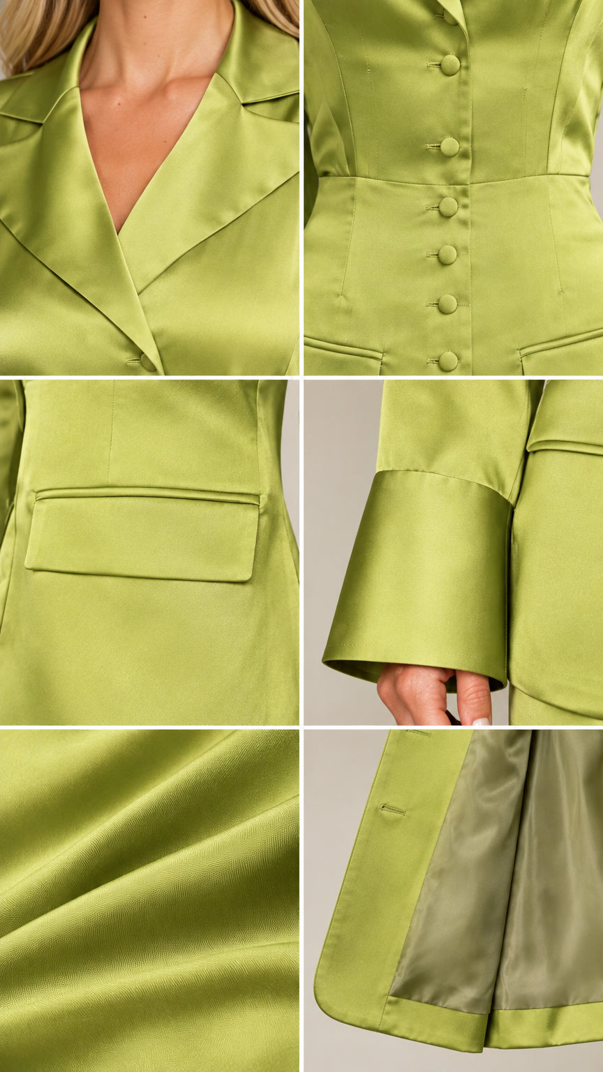 Close-up details of lime green satin lapel, button waist, pocket flap, and sleeve cuffs