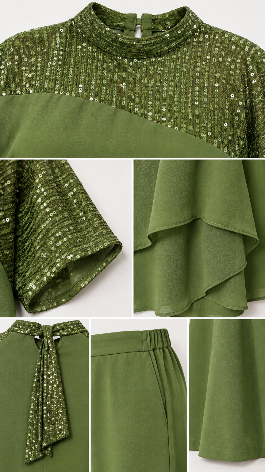 Close up details of sequin embroidery, collar tie, and elastic waistband