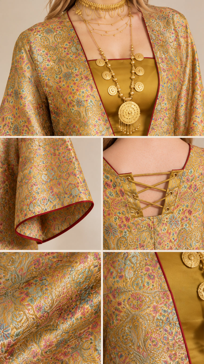 Detailed close-ups of gold jacquard fabric, sleeve piping, and lace-up back detail