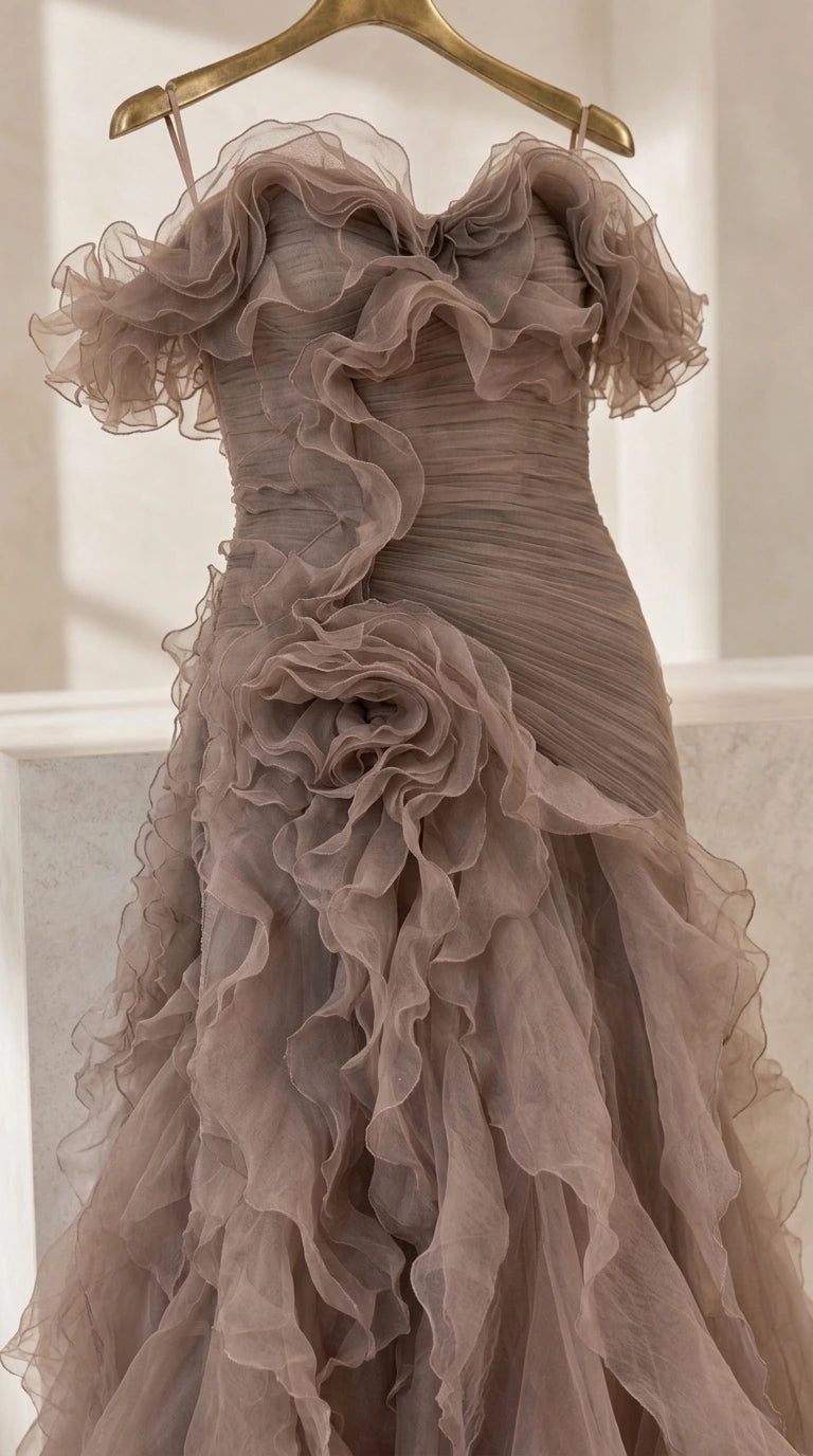 Close-up garment detail of the ruched bodice, rosette, and ruffle tulle on a hanger