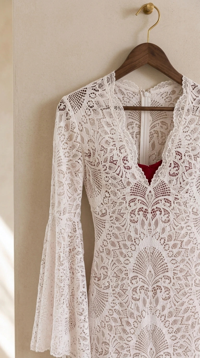 Close-up detail of white lace neckline and sheer flared sleeves on hanger