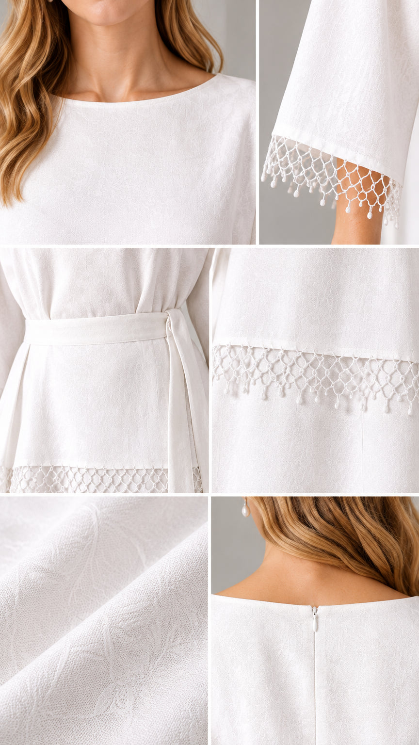 Detailed close-up collage of neckline, crochet sleeve edge, waist tie, and fabric texture