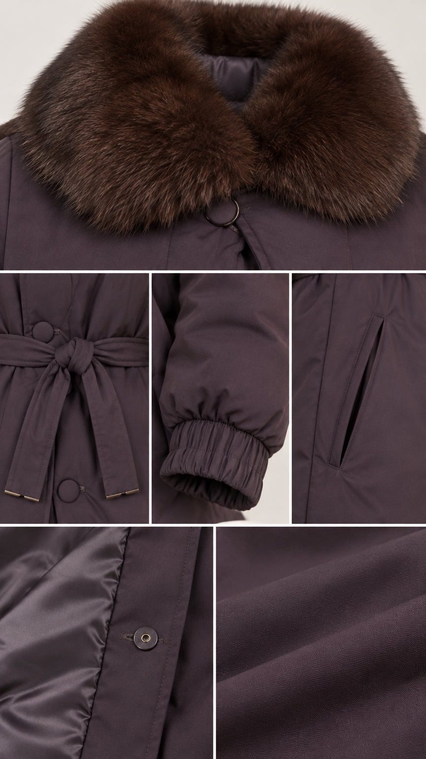 Close-up details of faux fur collar, tie waist, elastic cuff, side pocket, and inner lining