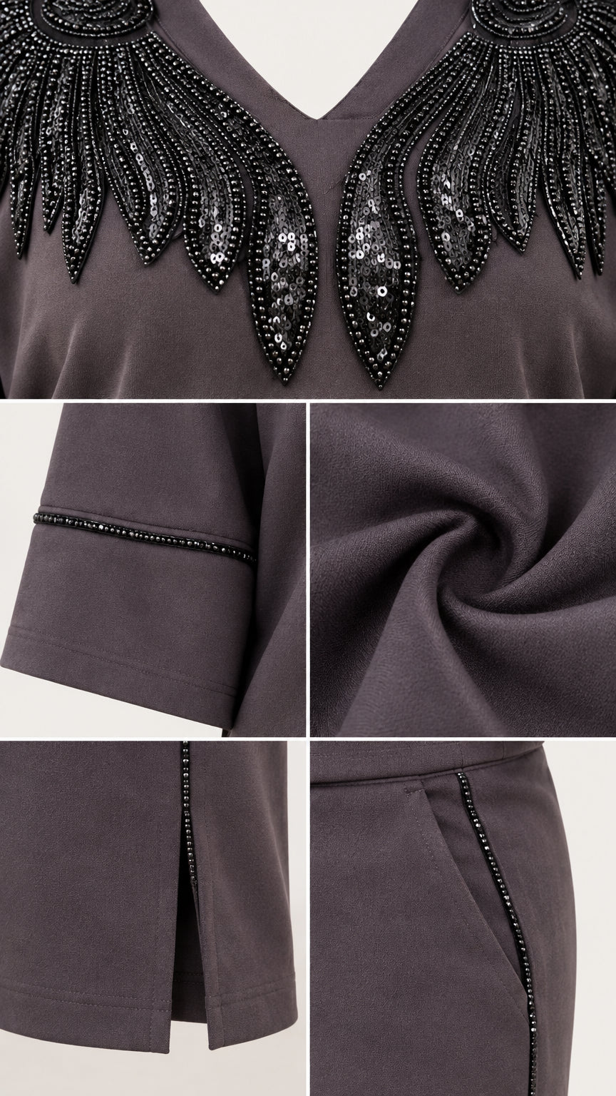 Close-up details of sequin embroidery, beaded cuff, fabric texture, and skirt slit