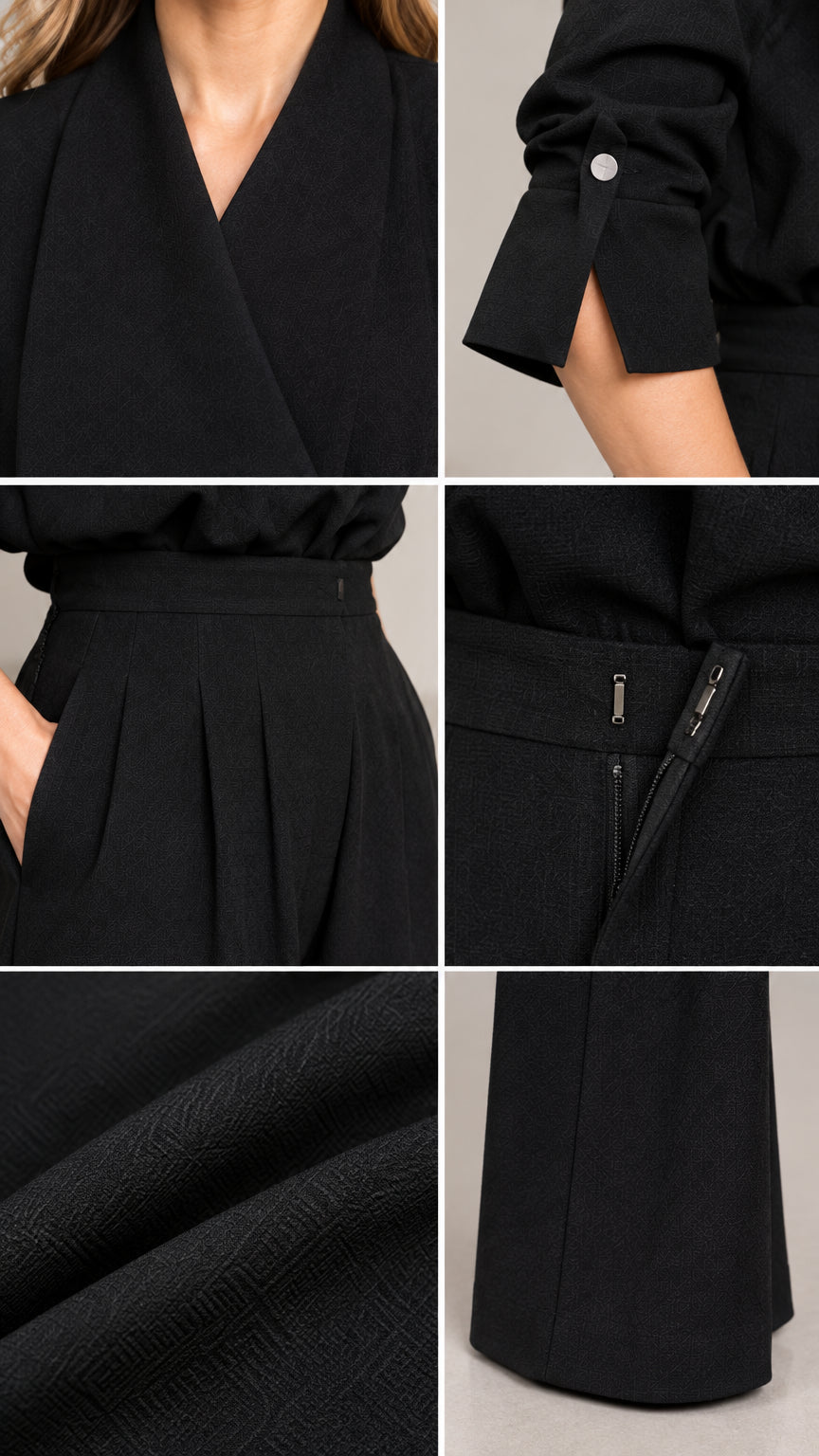 Close-up details of wrap neckline, cuff button, pleated waist, and fabric texture on black jumpsuit