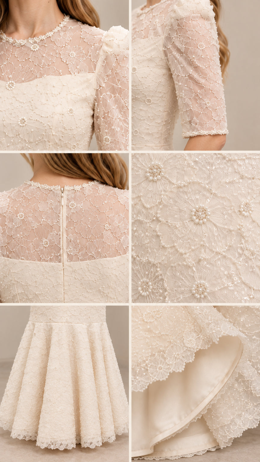 Detailed close-ups of lace fabric, bead accents, neckline, and flared hem