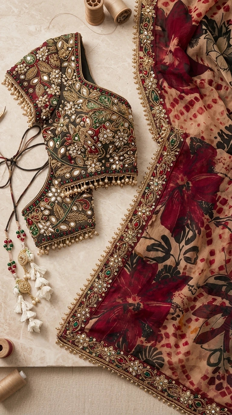 Flat lay close-up of intricate embroidered blouse and embellished saree border in Wine Red