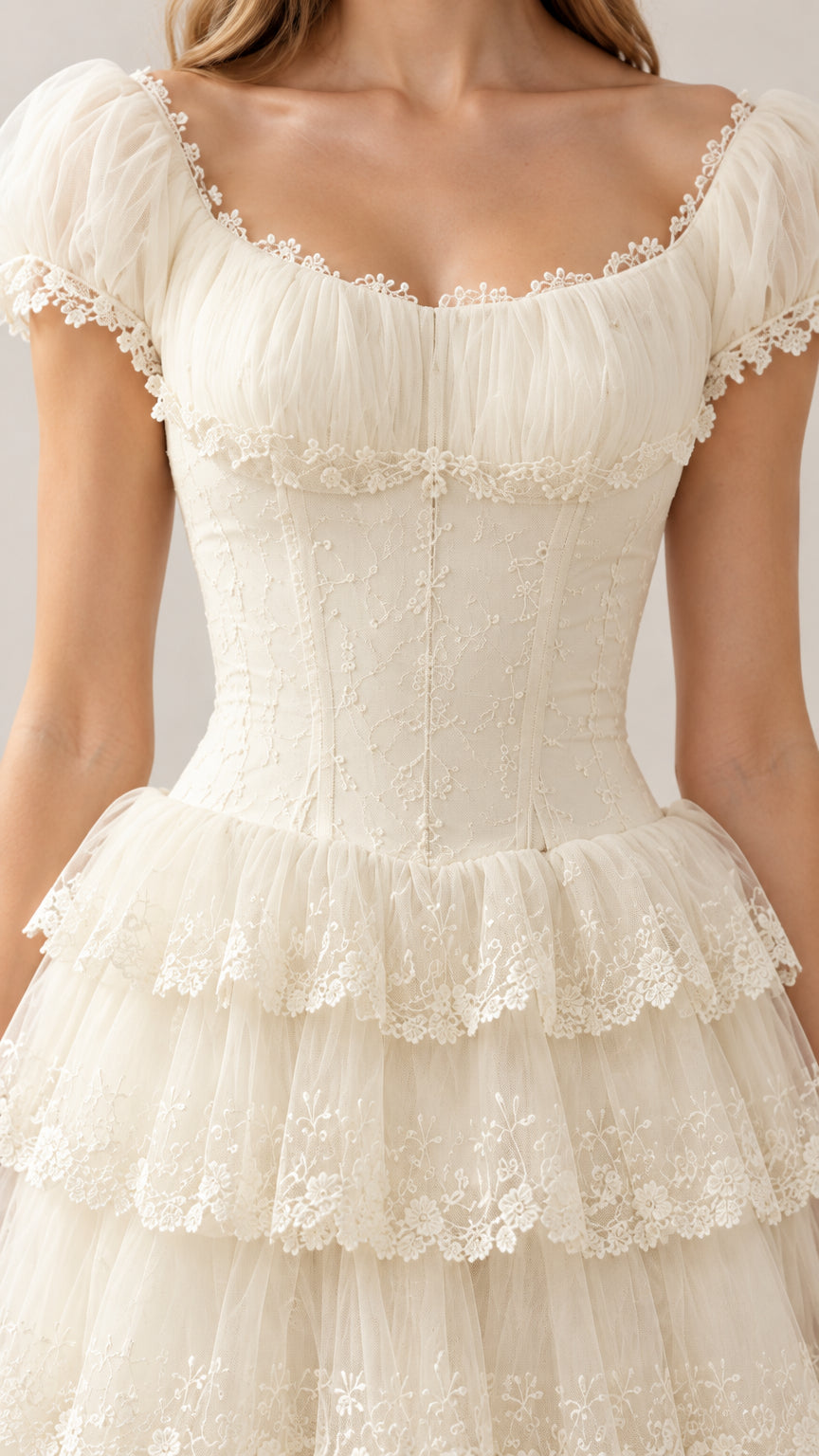 Close-up detail of ivory corset bodice with lace trim and ruched bust
