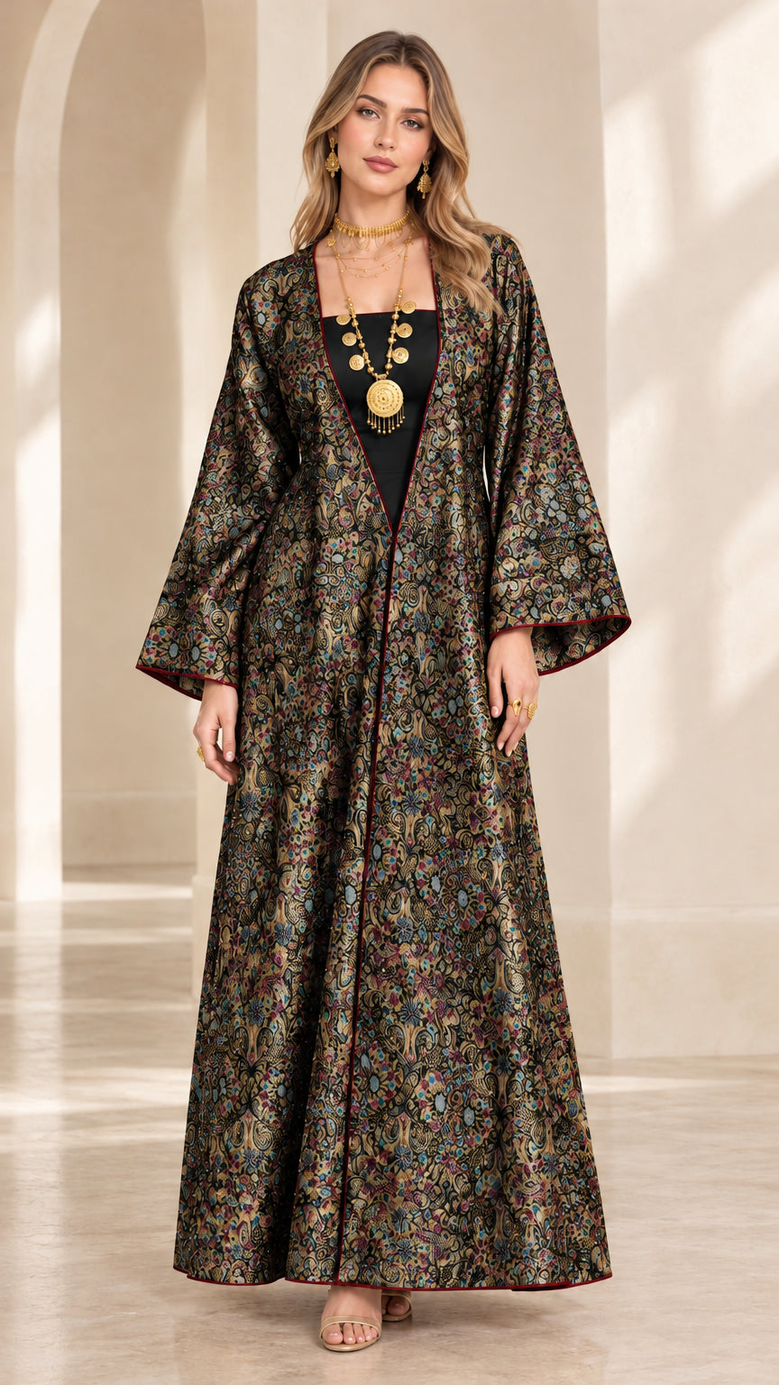 Model wearing black floral jacquard open front evening abaya kaftan