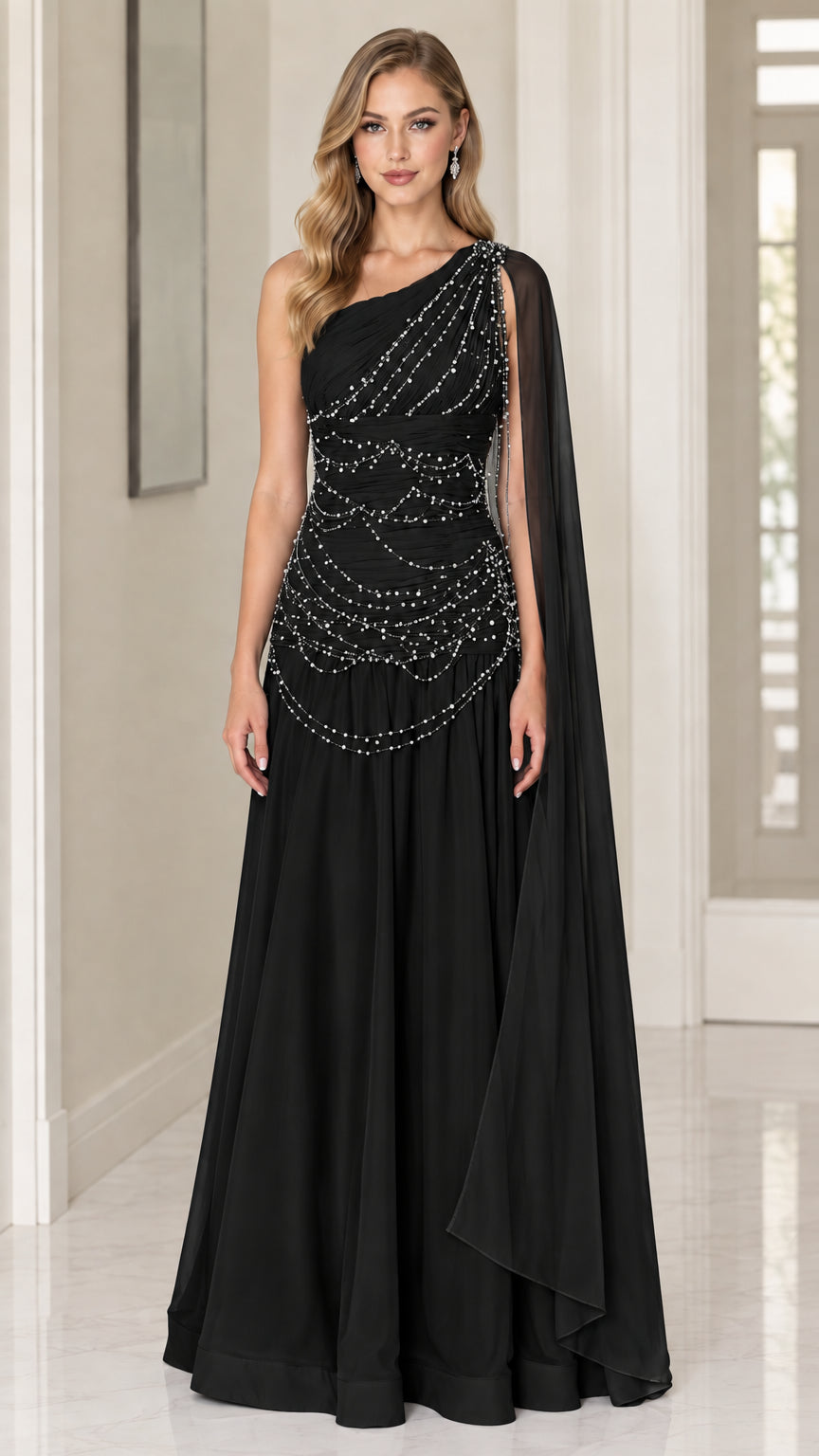 Front view of model wearing Black one-shoulder beaded chiffon formal evening dress