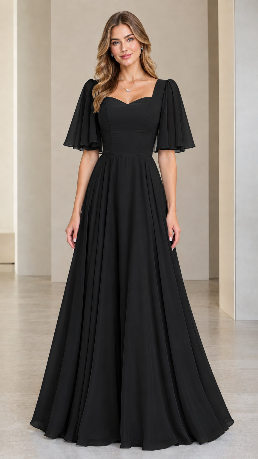 Black sweetheart neckline flutter sleeve chiffon A-line evening dress
