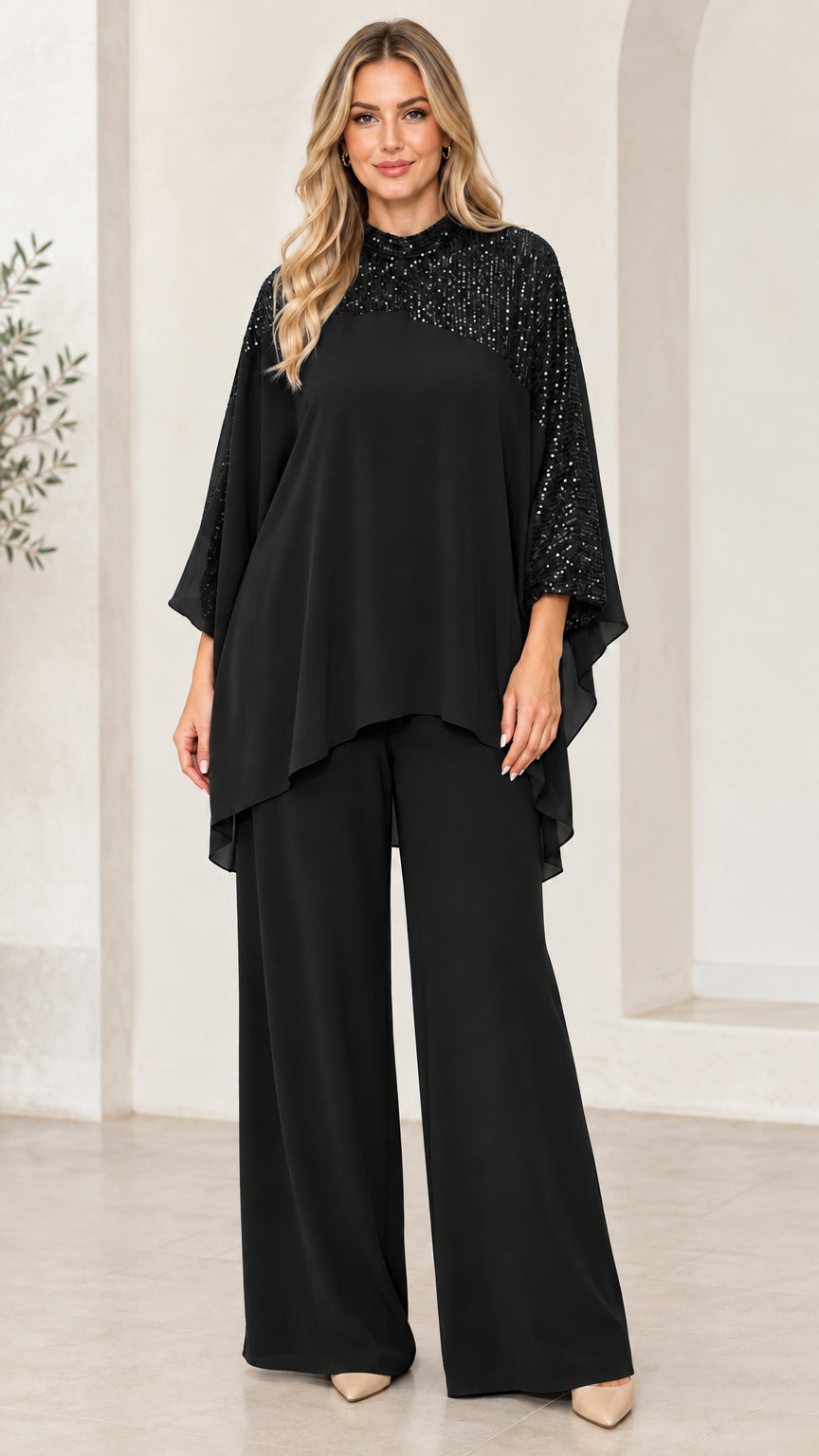 Black sequin chiffon cape top and matching wide leg pants set