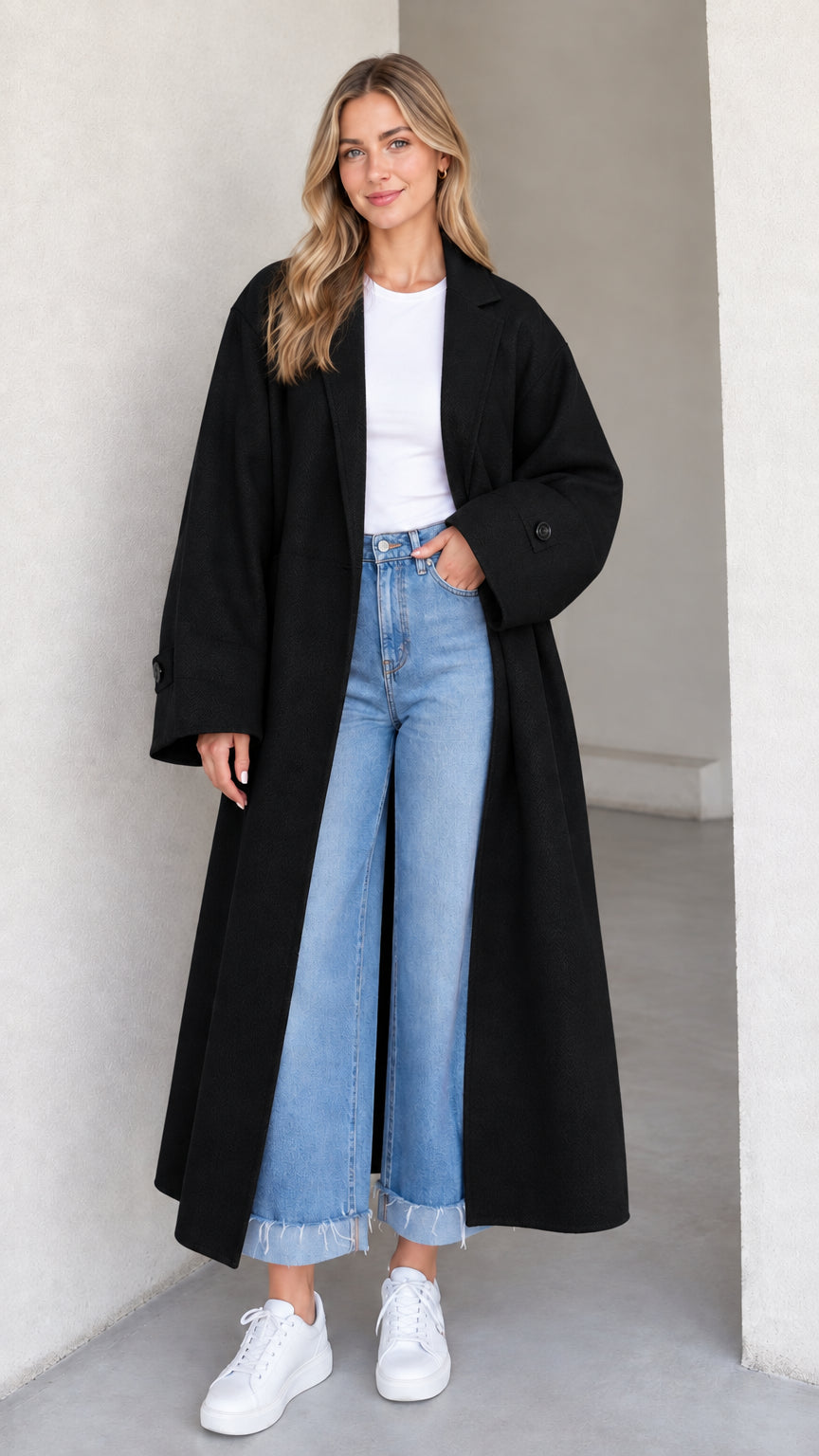 Front full-length view of model wearing a black oversized long coat